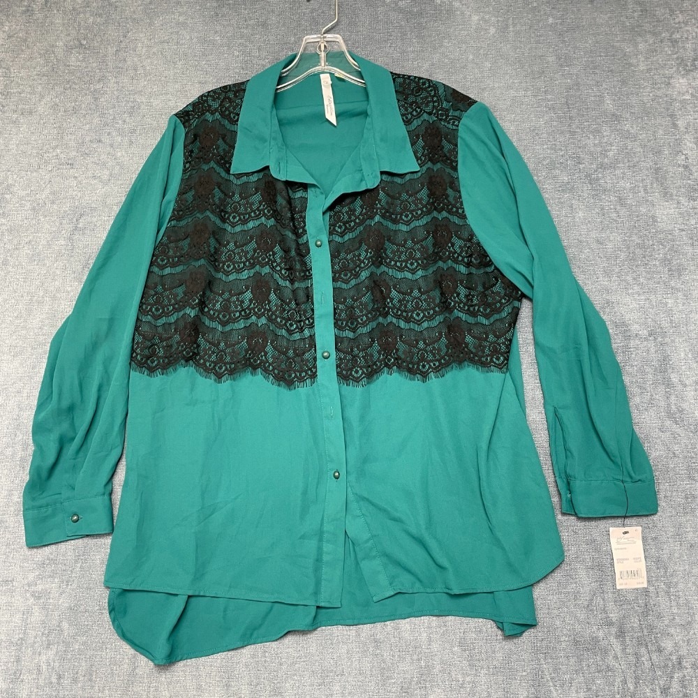 NY Collection Blouse Shirt Womens 2X Green Lace Trim High Low Long Sleeve Casual